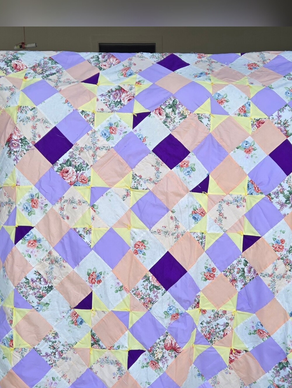 Handmade Pastel Floral Patchwork Quilt - Lavender, Peach & Yellow